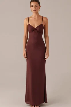 Espaguete marrom alças bainha vestido de noite