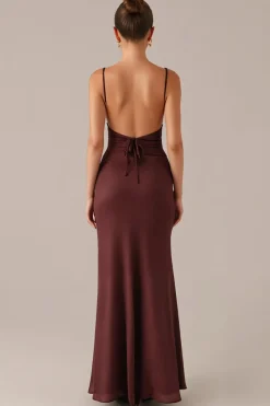 Espaguete marrom alças bainha vestido de noite