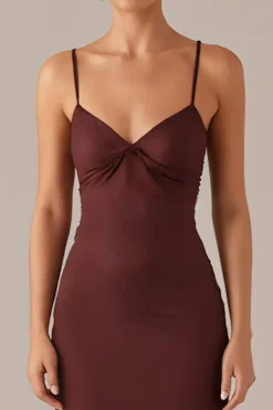 Espaguete marrom alças bainha vestido de noite