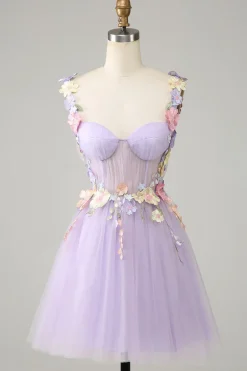 Espaguete roxo correias tule Homecoming vestido com flores 3D