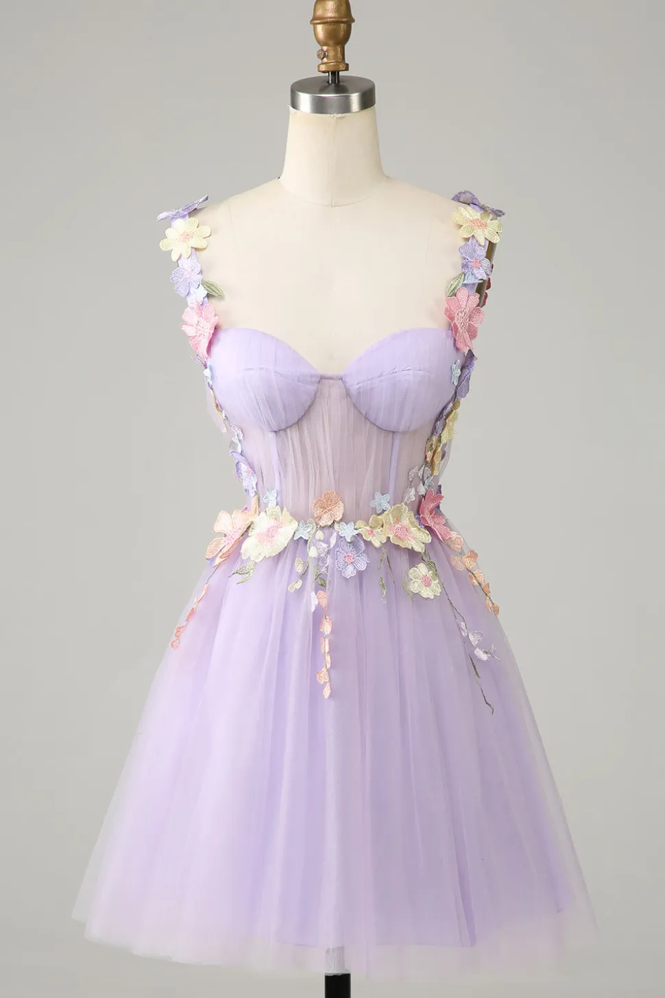 Espaguete roxo correias tule Homecoming vestido com flores 3D