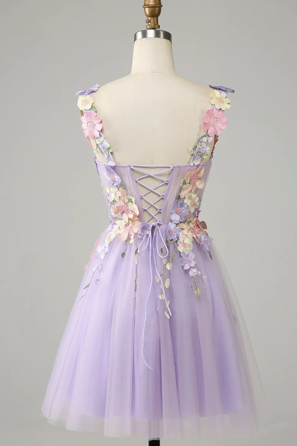 Espaguete roxo correias tule Homecoming vestido com flores 3D