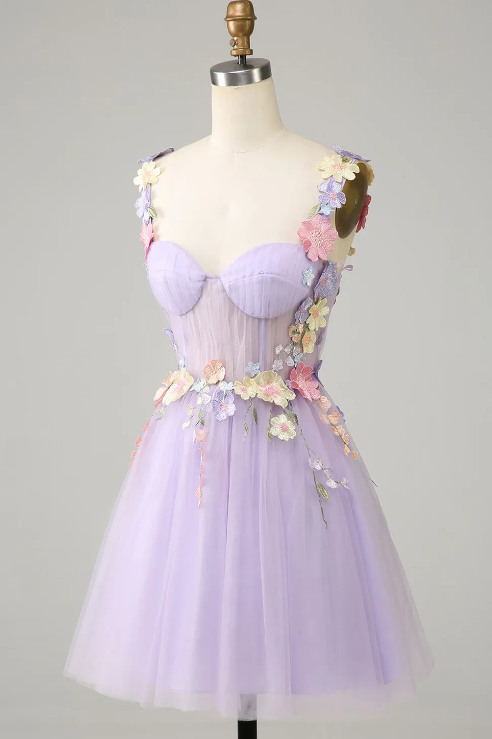 Espaguete roxo correias tule Homecoming vestido com flores 3D