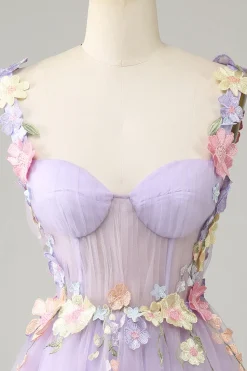 Espaguete roxo correias tule Homecoming vestido com flores 3D