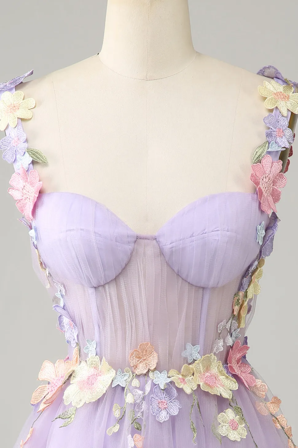 Espaguete roxo correias tule Homecoming vestido com flores 3D