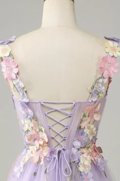 Espaguete roxo correias tule Homecoming vestido com flores 3D
