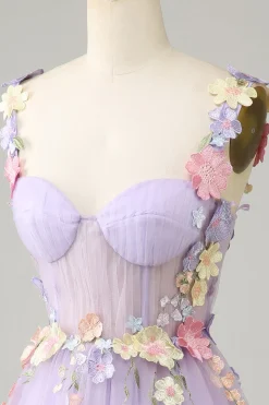 Espaguete roxo correias tule Homecoming vestido com flores 3D
