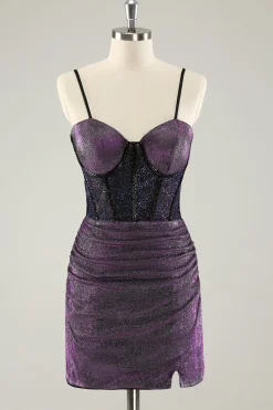 Espaguete roxo escuro correias espartilho glitter curto homecoming vestidos