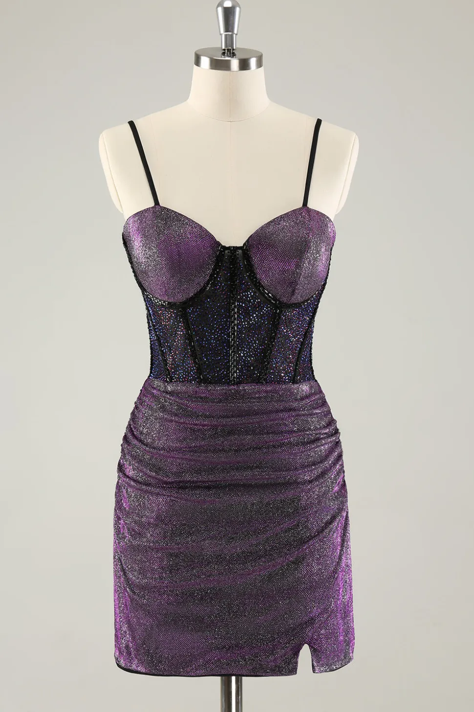 Espaguete roxo escuro correias espartilho glitter curto homecoming vestidos