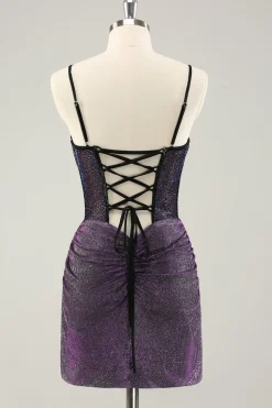 Espaguete roxo escuro correias espartilho glitter curto homecoming vestidos