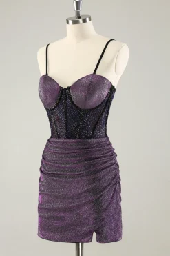 Espaguete roxo escuro correias espartilho glitter curto homecoming vestidos