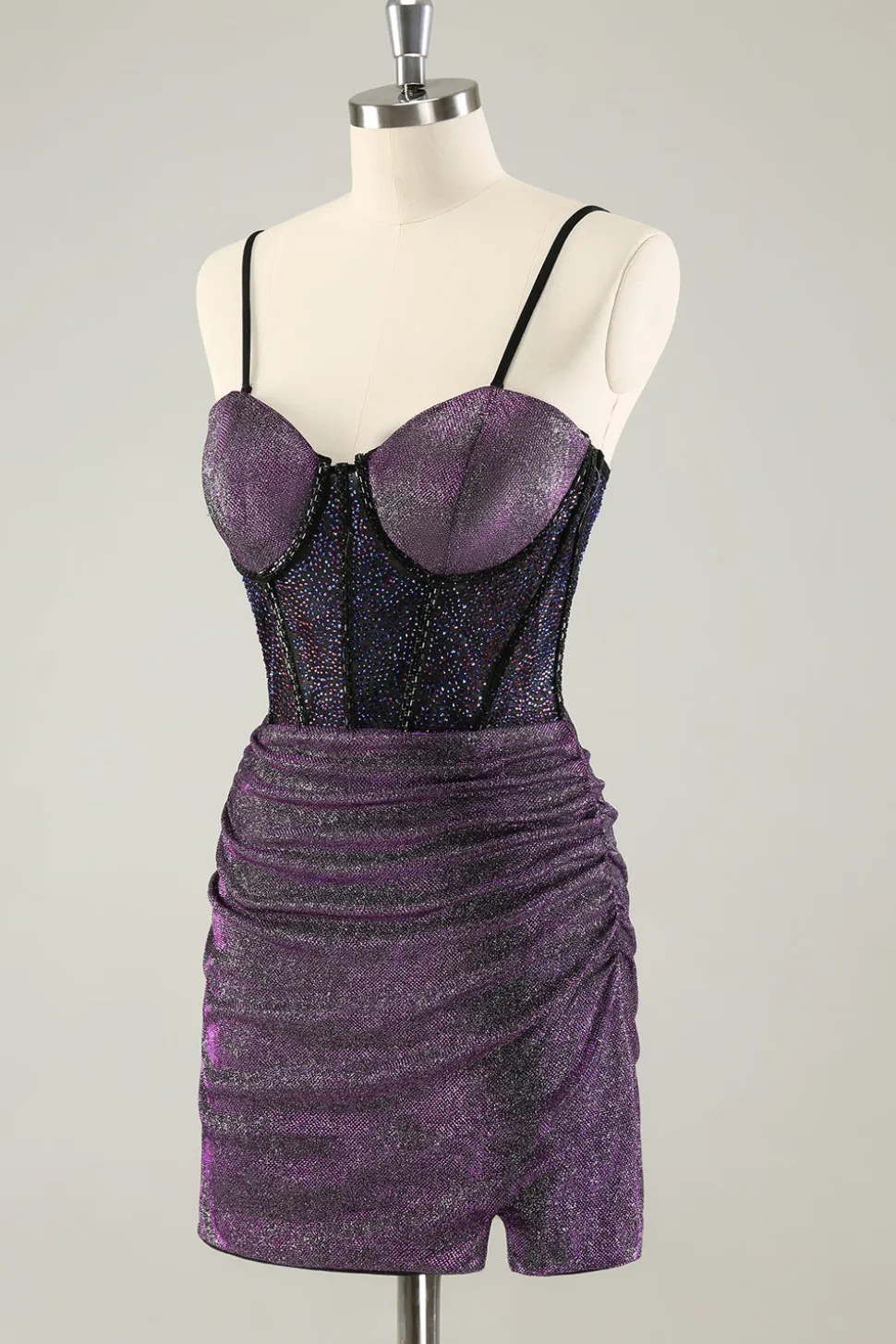 Espaguete roxo escuro correias espartilho glitter curto homecoming vestidos