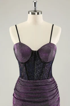 Espaguete roxo escuro correias espartilho glitter curto homecoming vestidos