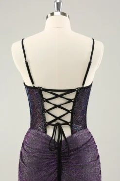 Espaguete roxo escuro correias espartilho glitter curto homecoming vestidos