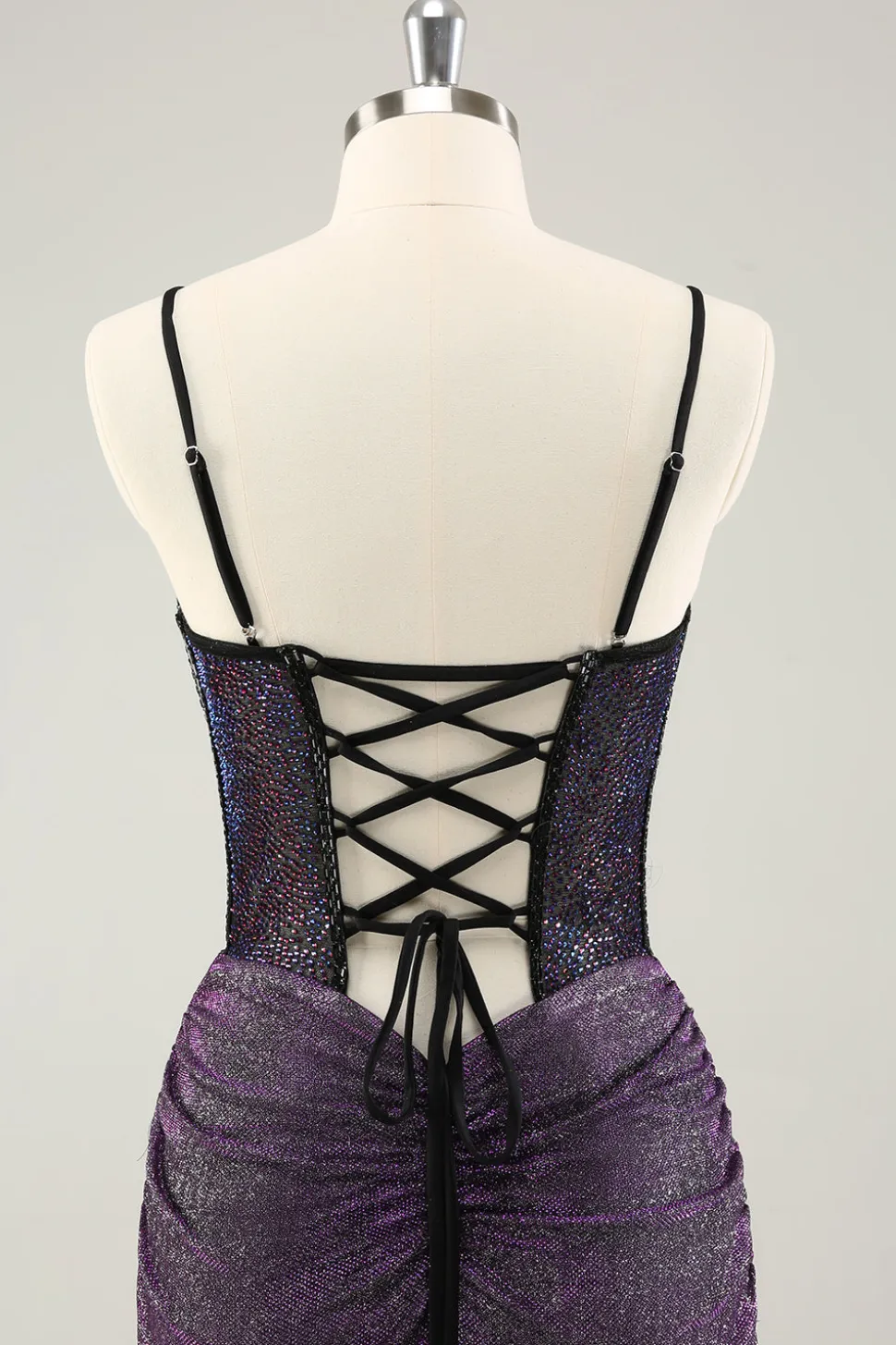 Espaguete roxo escuro correias espartilho glitter curto homecoming vestidos