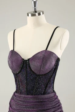 Espaguete roxo escuro correias espartilho glitter curto homecoming vestidos