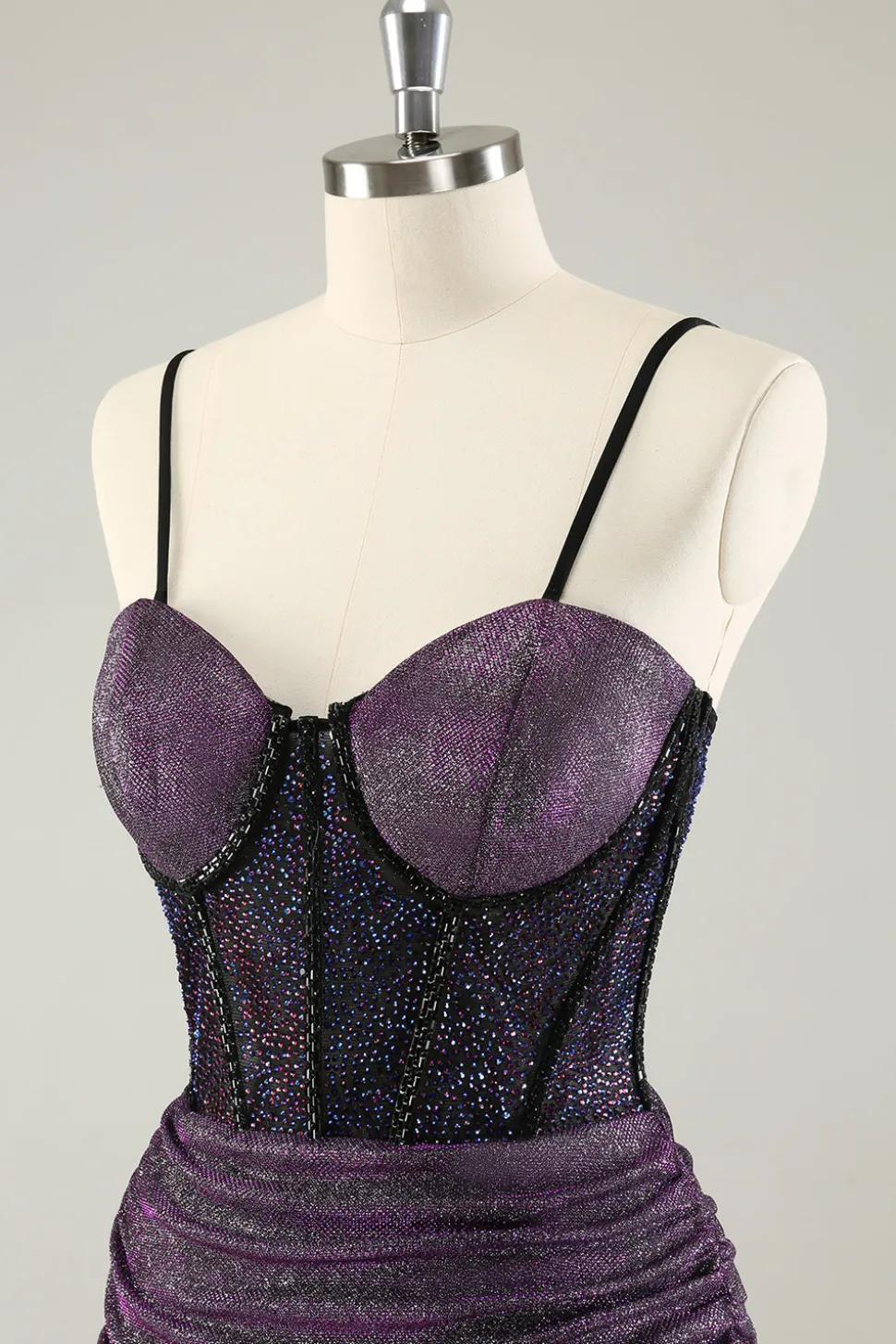 Espaguete roxo escuro correias espartilho glitter curto homecoming vestidos