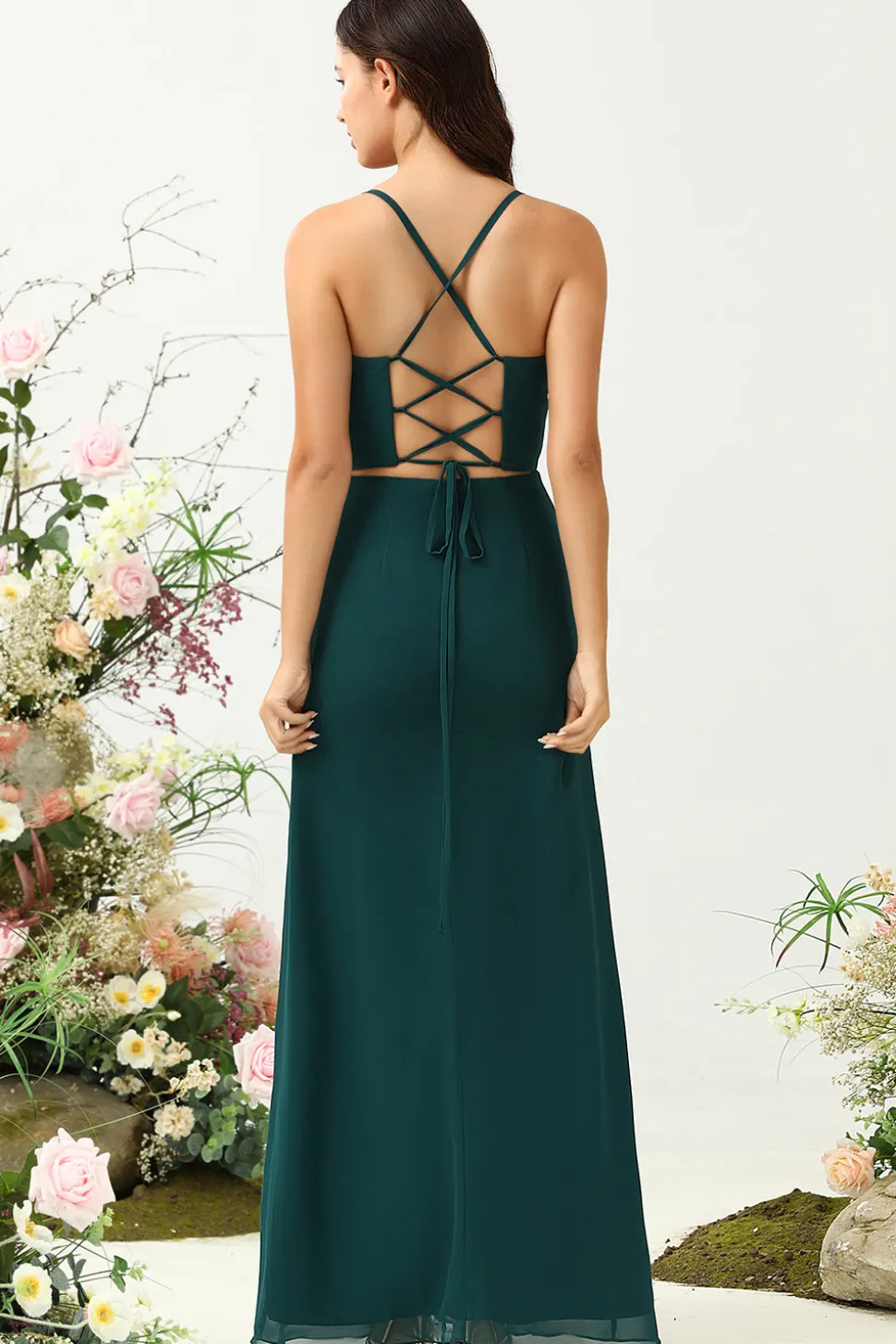 Espaguete Verde Escuro Correias Vestido de Noiva com Fenda