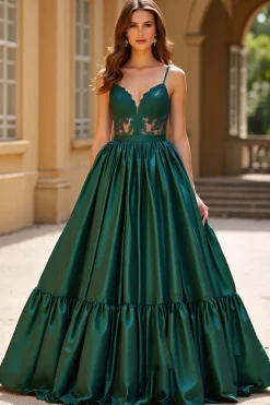 Espaguete Verde Escuro Correias Cetim Ball Gown Prom Dress