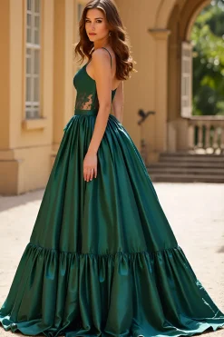 Espaguete Verde Escuro Correias Cetim Ball Gown Prom Dress