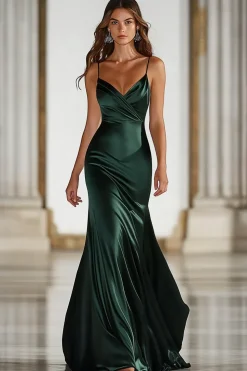 Espaguete Verde Escuro Correias Sereia Cetim Long Military Ball Dress