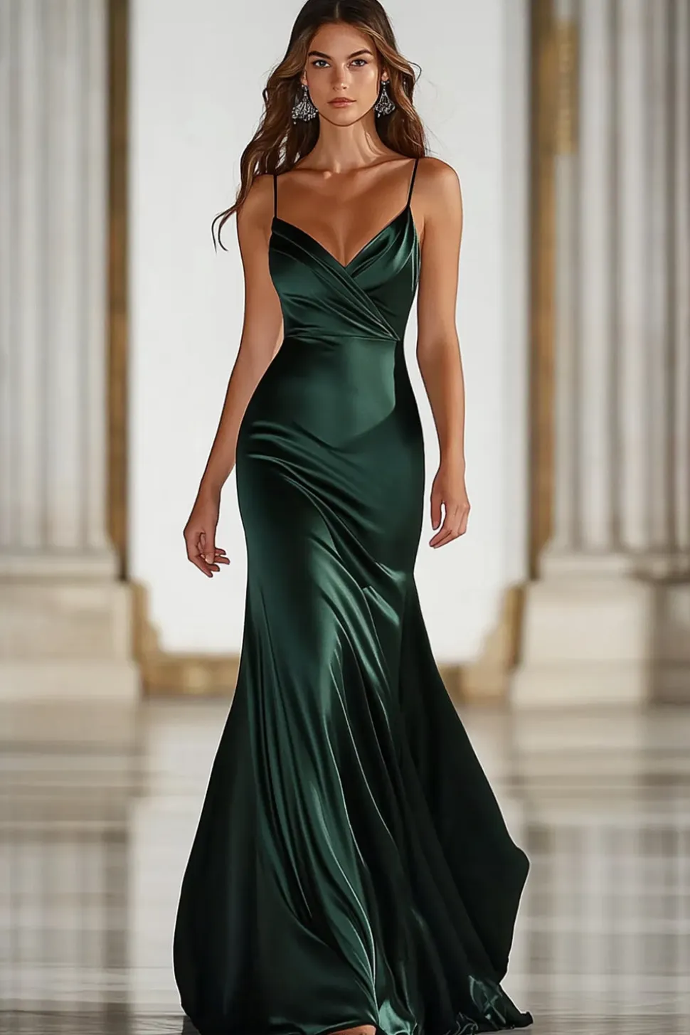 Espaguete Verde Escuro Correias Sereia Cetim Long Military Ball Dress