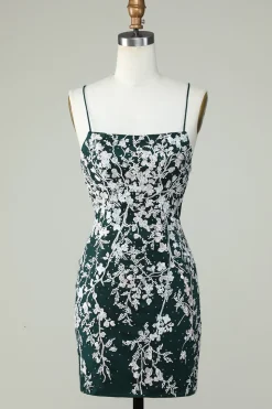 Espaguete Verde Escuro Correias Bodycon Homecoming Dress Com Apliques