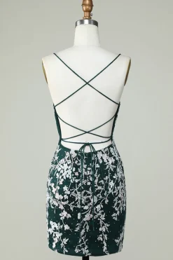 Espaguete Verde Escuro Correias Bodycon Homecoming Dress Com Apliques
