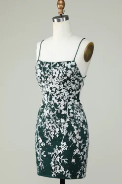 Espaguete Verde Escuro Correias Bodycon Homecoming Dress Com Apliques