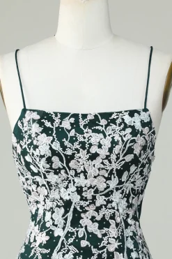 Espaguete Verde Escuro Correias Bodycon Homecoming Dress Com Apliques