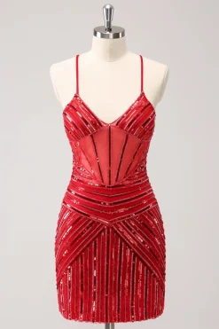 Espaguete vermelho brilhante correias lantejoulas curto apertado Homecoming Dress