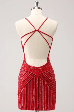 Espaguete vermelho brilhante correias lantejoulas curto apertado Homecoming Dress