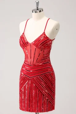 Espaguete vermelho brilhante correias lantejoulas curto apertado Homecoming Dress