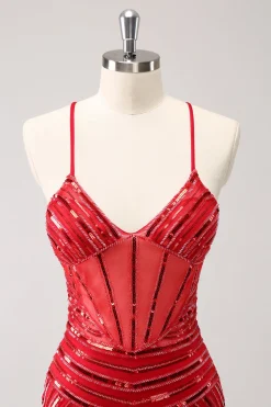 Espaguete vermelho brilhante correias lantejoulas curto apertado Homecoming Dress