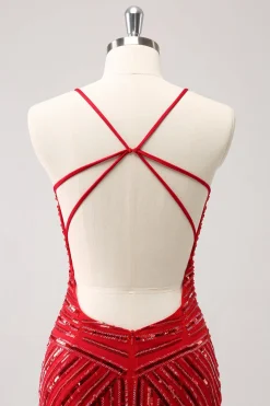 Espaguete vermelho brilhante correias lantejoulas curto apertado Homecoming Dress