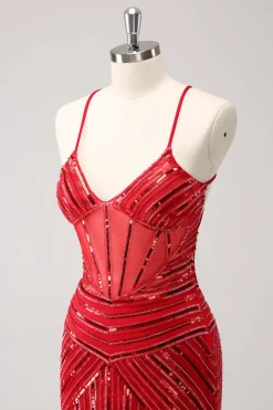 Espaguete vermelho brilhante correias lantejoulas curto apertado Homecoming Dress