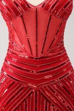 Espaguete vermelho brilhante correias lantejoulas curto apertado Homecoming Dress