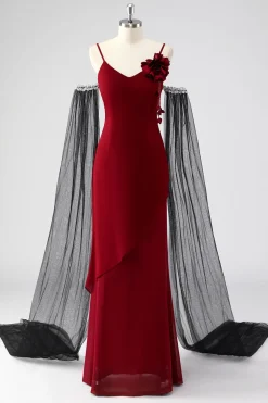 Espaguete Vermelho Correias Cabo Mangas Bainha Vestido Formal