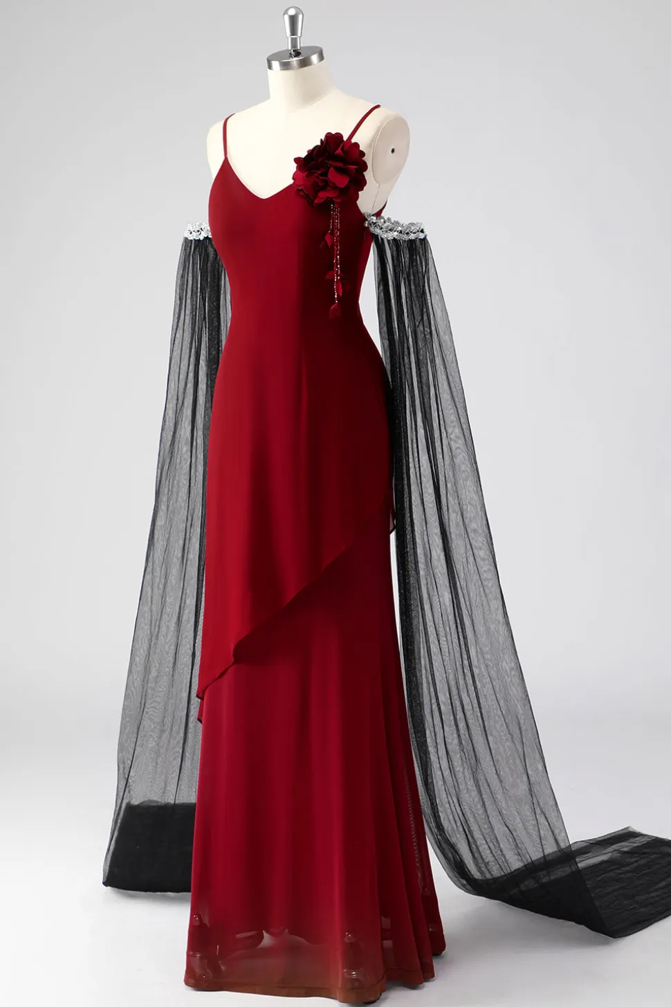 Espaguete Vermelho Correias Cabo Mangas Bainha Vestido Formal