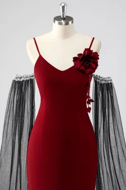 Espaguete Vermelho Correias Cabo Mangas Bainha Vestido Formal