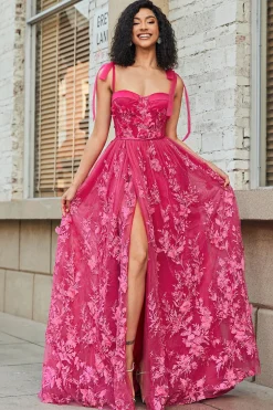 Esparguete Alças Hot Pink A-Line Long Prom Dress com Fenda