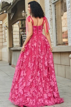 Esparguete Alças Hot Pink A-Line Long Prom Dress com Fenda