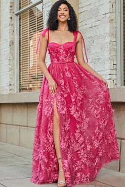 Esparguete Alças Hot Pink A-Line Long Prom Dress com Fenda