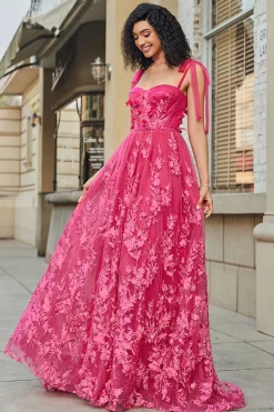 Esparguete Alças Hot Pink A-Line Long Prom Dress com Fenda