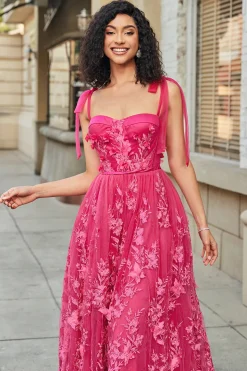 Esparguete Alças Hot Pink A-Line Long Prom Dress com Fenda