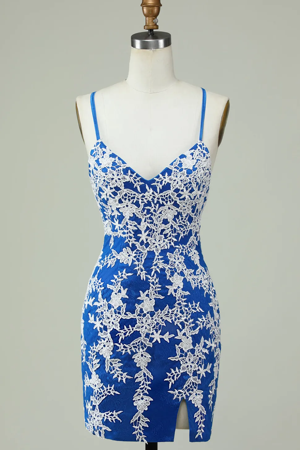 Esparguete Alças Vestido Azul Bainha Homecoming Com Apliques