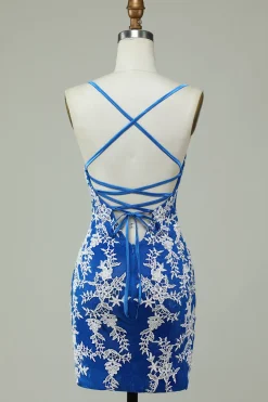 Esparguete Alças Vestido Azul Bainha Homecoming Com Apliques