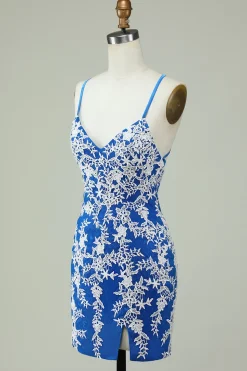 Esparguete Alças Vestido Azul Bainha Homecoming Com Apliques
