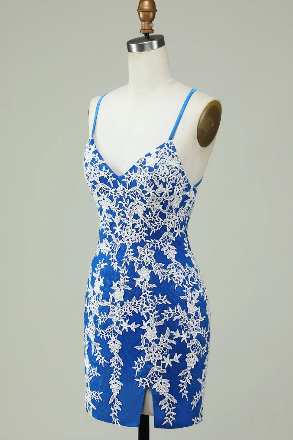 Esparguete Alças Vestido Azul Bainha Homecoming Com Apliques