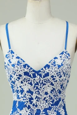 Esparguete Alças Vestido Azul Bainha Homecoming Com Apliques